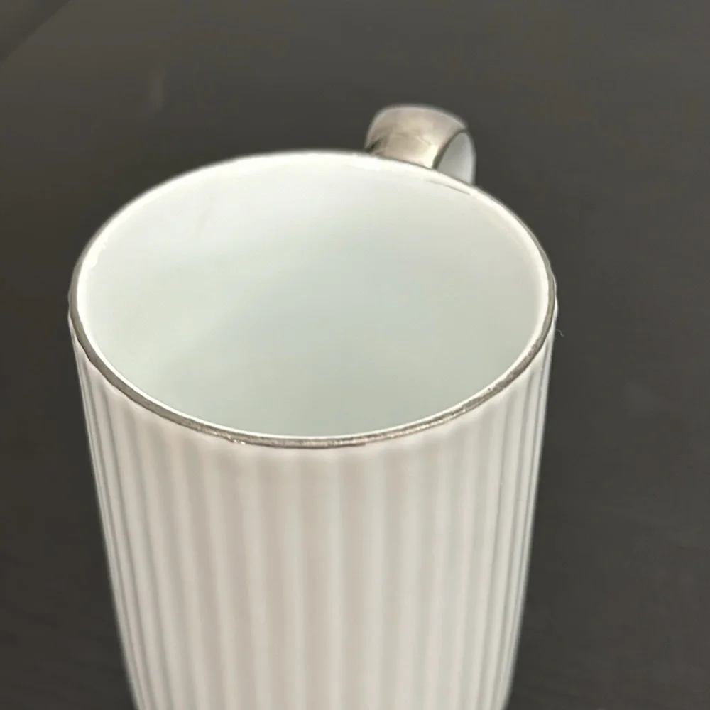 8 Vintage Ucagco White Ribbed Porcelain Silver Trim Demitasse Tea Cups